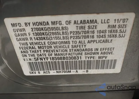 2008 Honda Pilot Ex-L z USA, uszkodzony, nr VIN 5FNYF18598B030831
